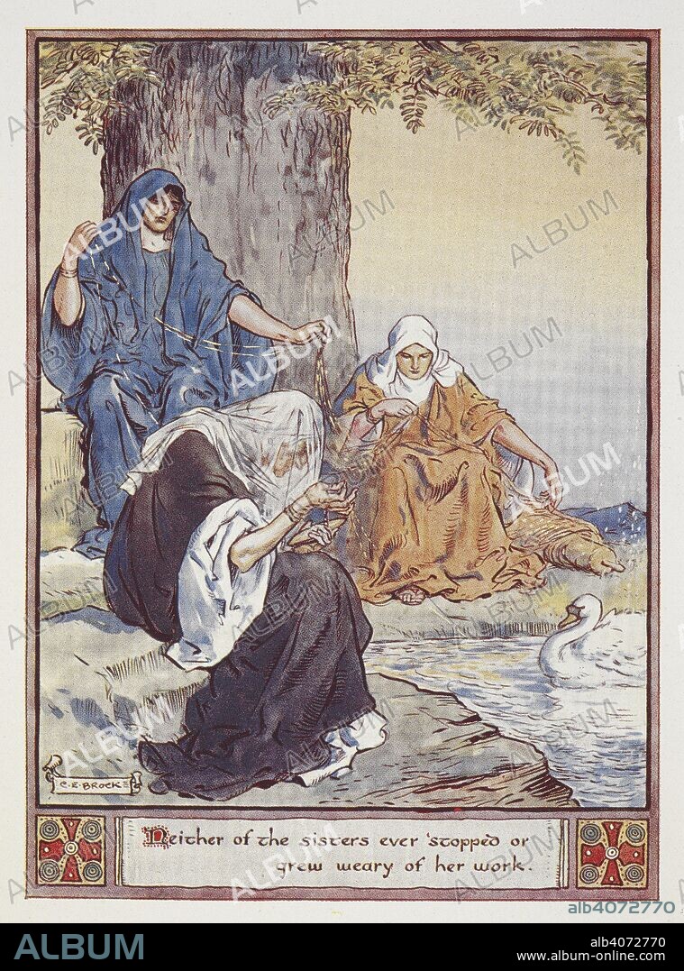 CHARLES EDMUND BROCK and ANNIE KEARY. The Norns Urd, Verdandi, and Skuld under the World-tree Yggdrasil. The Heroes of Asgard ... Illustrated ... by C. E. Brock. London : Macmillan & Co., 1930. Source: 012403.g.7 opposite page 36.