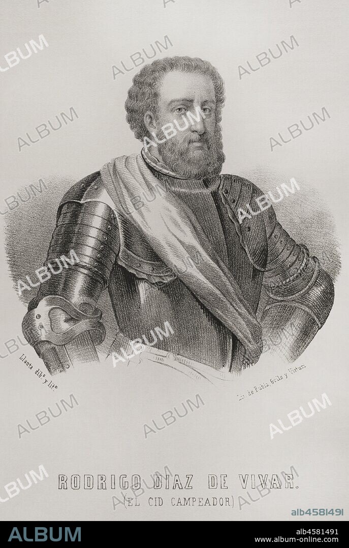 Rodrigo Díaz de Vivar, conocido como El Cid Campeador (h.1043-1099). Noble castellano, armado caballero por el infante Sancho. Intervino en las batallas de Llantada y Golpejera contra Alfonso VI, y en el Sitio de Zamora. Dibujo por Llanta. Litografía. Crónica General de España, Historia Ilustrada y Descriptiva de sus Provincias. Castilla-La Vieja,1870. Biblioteca Histórico Militar de Barcelona, Cataluña, España.