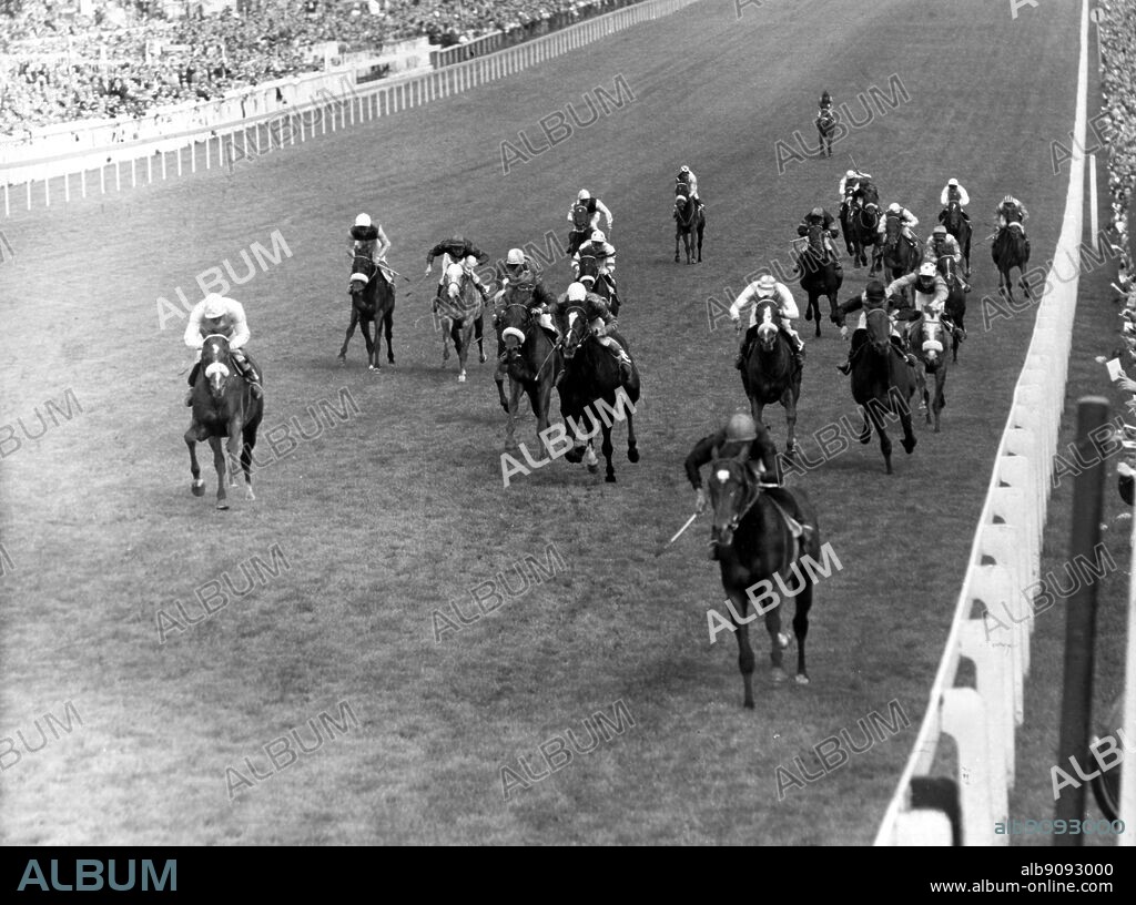 The finish of the 1967 Derby , won by Royal Palace , G Moore up extreme right ; second Ribocco , Lester Piggot up (not in picture) ; third Dart Board , A Breasley up extreme left. 7 July 1967.
