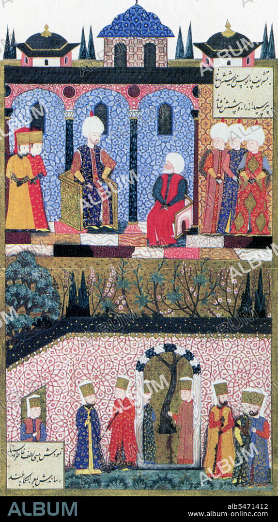 Sultan Suleyman I (1494-1566), also known as 'Suleyman the Magnificent' and 'Suleyman the Lawmaker', was the 10th and longest reigning sultan of the Ottoman empire. He personally led his armies to conquer Transylvania, the Caspian, much of the Middle East and the Maghreb. His admiral, Barbaros Hayreddin Pasa, known as 'Barbarossa' or 'Red Beard', commanded a fleet of galleys that dominated the Mediterranean as far as Spain for years. In this painting, Suleyman is seated on the left while an aging Barbarossa sits on a lower seat and is depicted with a white beard.