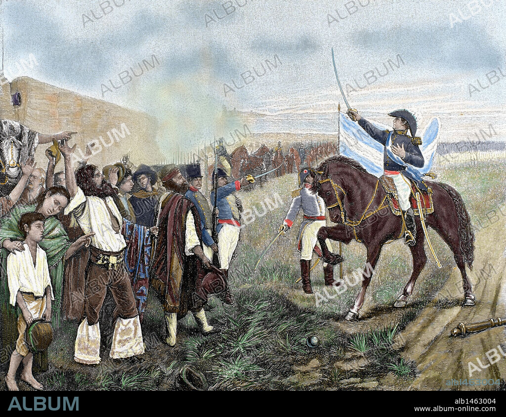 Independence of Argentina. Belgrano, Manuel (1770-1820). Argentine military. The first flag of Argentina presented to the revolutionary army by General Belgrano on February 27, 1812. Colored engraving.