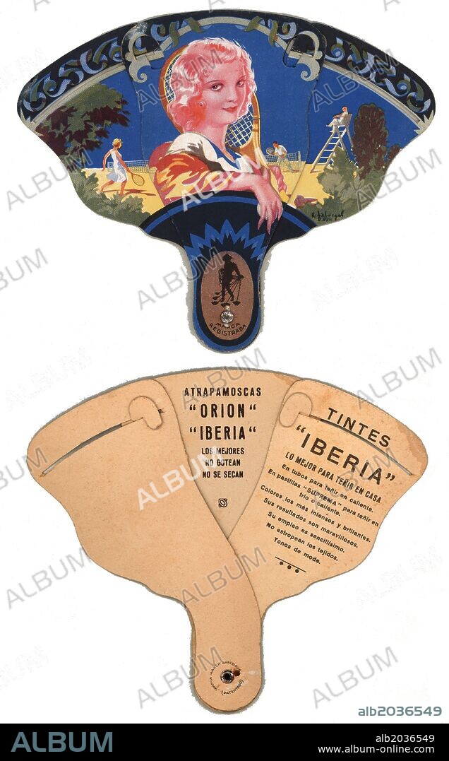 Abanico plegable de cartón con publicidad al dorso de Tintes Iberia. Año 1923.