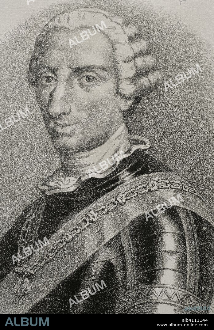 Carlos III de España (1716-1788). Rey de España desde 1759. Dibujo por J. Cebrián. Litografía. Retrato, detalle. Crónica General de España, Historia Ilustrada y Descriptiva de sus Provincias. Castilla-La Nueva, 1869. Biblioteca Histórico Militar de Barcelona, Cataluña, España.