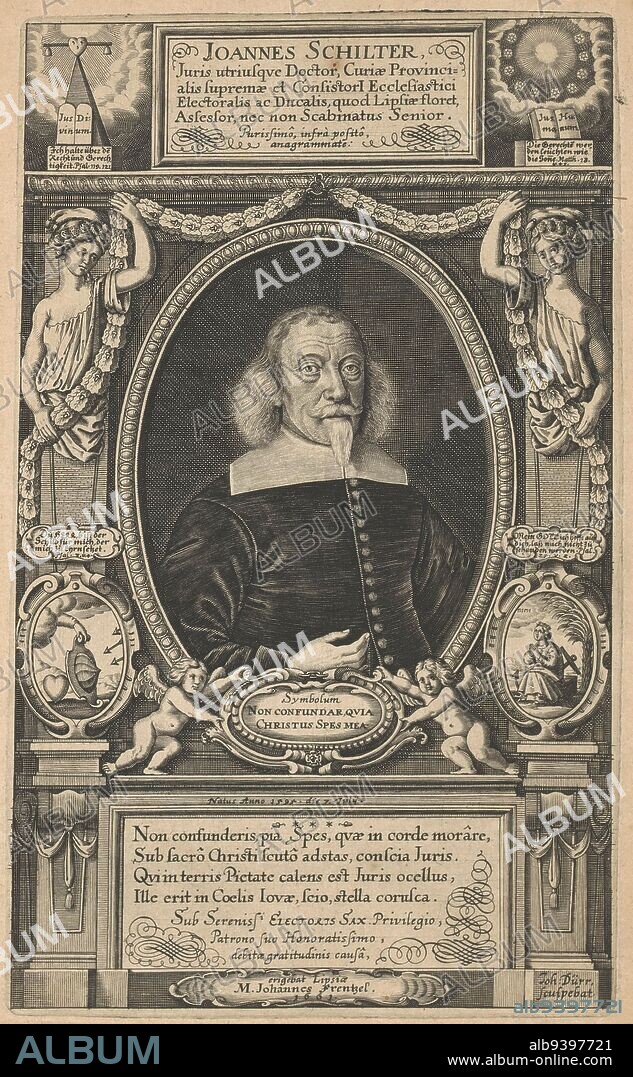 Portrait of Johann Schilter at the age of 66, Johann Dürr, 1661, Portrait in architectural frame, with a poem of praise in Latin below in cartouche. Frame decorated with Christian symbolism., print maker: Johann Dürr, (mentioned on object), maker: Johann Frentzel, (mentioned on object), unknown, (mentioned on object), print maker: Germany, maker: Leipzig, Saksen, 1661, paper, engraving, h 275 mm × w 167 mm.