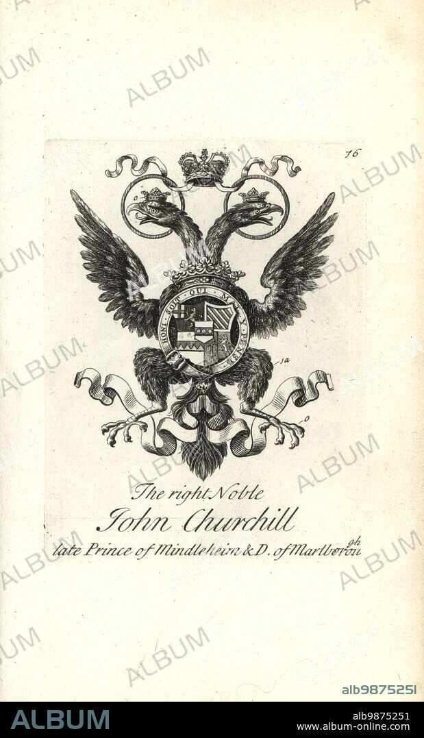 Coat of arms and crest with double-headed eagle of the right noble John Churchill, Prince of Mindelheim and 1st Duke of Marlborough, 1650-1722. Copperplate engraving by Andrew Johnston after C. Gardiner from Notitia Anglicana, Shewing the Achievements of all the English Nobility, Andrew Johnson, the Strand, London, 1724.