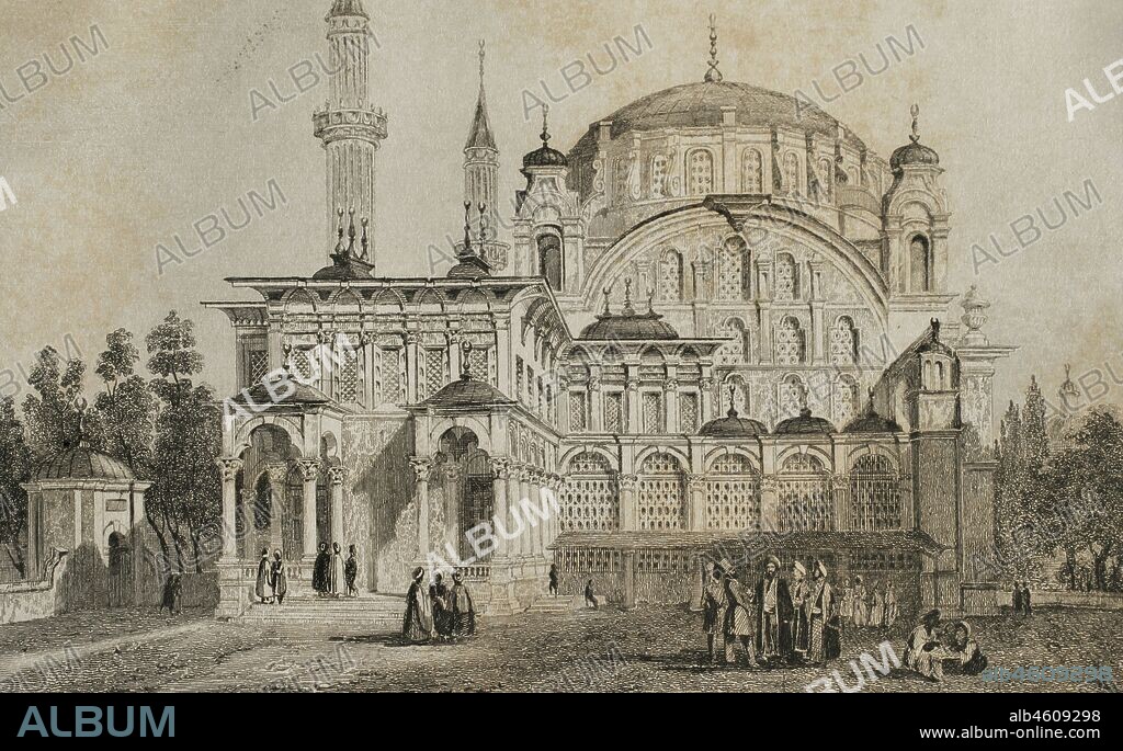 Imperio Otomano. Turquía. Constantinopla (actual Estambul). Mezquita del sultán Selim, en el distrito Sculari (parte anatólica de la ciudad). Grabado por Lemaitre. Historia de Turquía, por Joseph Marie Jouannin (1783-1844) y Jules Van Gaver. Panorama Universal, edición española de 1840.
