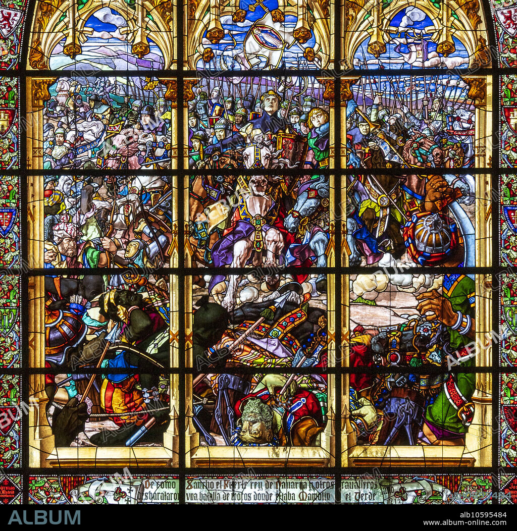 stained glass representing the battle of Las Navas de Tolosa (1212), chapter house, Roncesvalles, Royal Collegiate Church of Santa María de Roncesvalles, Santiago's road, Navarra, Spain.