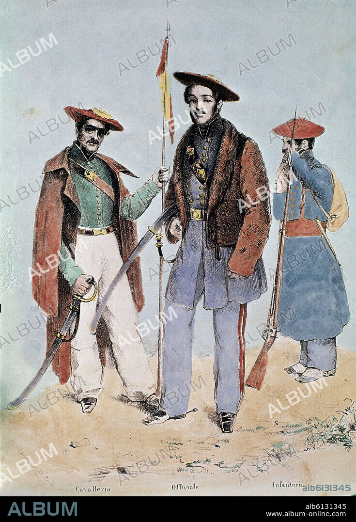 UNIFORMES CARLISTAS - DE IZQUIERDA A DERECHA: SOLDADO DE CABALLERIA, OFICIAL DEL EJERCITO Y SOLDADO DE INFANTERIA - GRABADO SIGLO XIX.