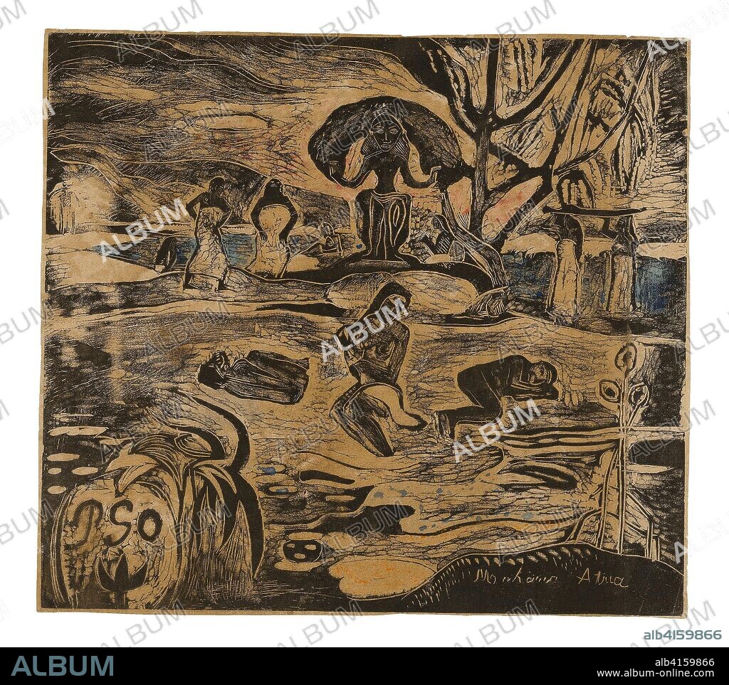 Mahana atua (Day of the God). Paul Gauguin; French, 1848-1903. Date: 1894-1895. Dimensions: 180 × 203 mm (image); 184 × 205 mm (sheet). Wood-block print in black ink with touches of solvent-thinned blue, red, and orange watercolors (recto); wood-block print, printed twice in brown and brown-black ink (a maculature impression) (verso), on cream Japanese paper. Origin: France.