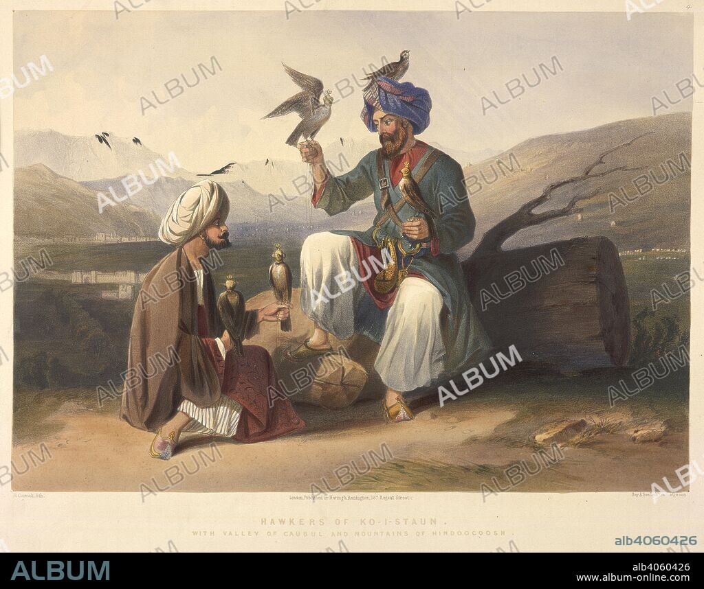ROBERT CARRICK and LIEUT. JAMES RATTRAY. Hawkers of Ko-I-staun. The costumes of the various tribes, portraits of l. London : Hering & Remington, 1848. Hawkers of Ko-I-staun. With valley of Caubul and mountains of Hindoocoosh.  Image taken from The costumes of the various tribes, portraits of ladies of rank, celebrated princes and chiefs, views of the principal fortresses and cities, and interior of the cities and temples of Afghaunistaun /from original drawings by James Rattray.  Originally published/produced in London : Hering & Remington, 1848. . Source: X 562, plate 4. Language: English.