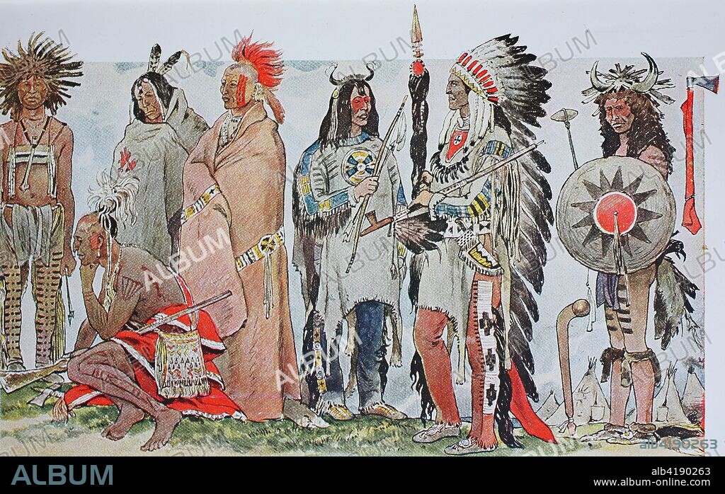 Clothing, fashion in North America, Indians, from the left, a warrior in a dance dress, a man from the Irish group, a crow Indian with predator feds on his head, a fox Indian with a scalplock and dyed horsehair, then a suede-colored suit, then a great chief of the Dakota or Sioux and a warrior at bison dance, digital improved reproduction from an original from the year 1900.