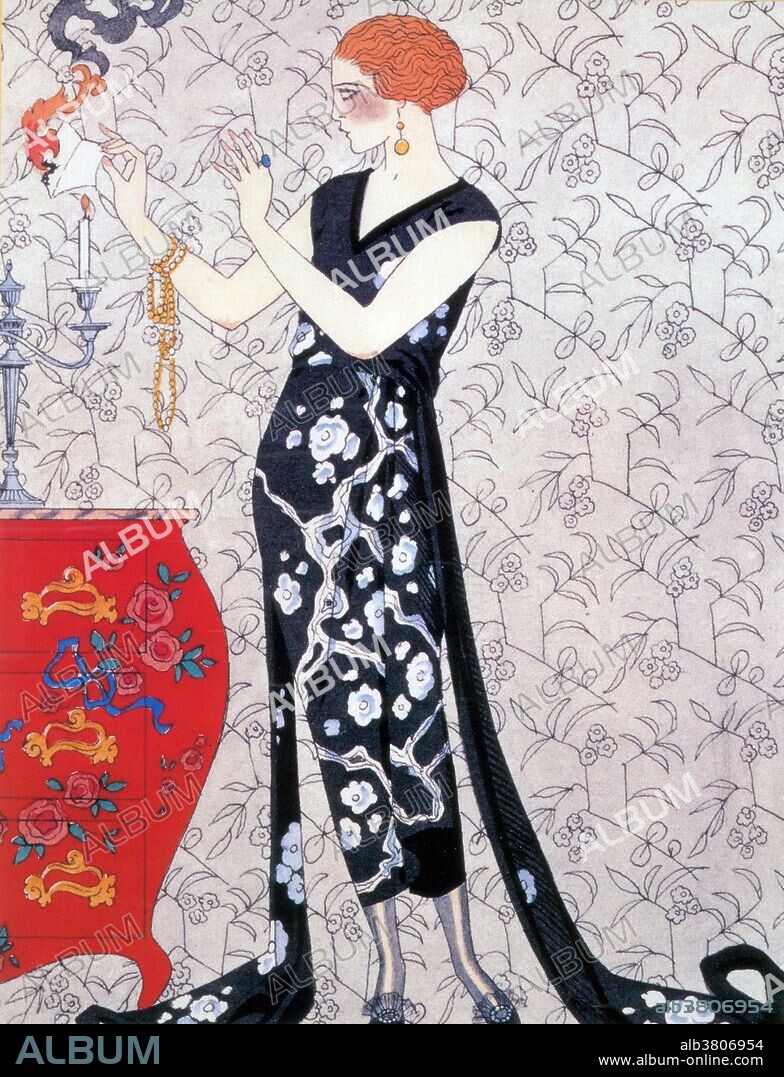 Entitled: "Fumme (Ablaze) fashion plate by Barbier, 1920. George Barbier (October 10, 1882 - March 16, 1932) was one of the great French illustrators of the early 20th century. By 1911 he was at the forefront of his profession with commissions to design theater and ballet costumes, to illustrate books, and to produce haute couture fashion illustrations. For the next 20 years Barbier led a group from the Ecole des Beaux Arts. He died in 1932 at the very pinnacle of his success. Fashion is a distinctive and often habitual trend in the style in which a person dresses. It is the prevailing styles in behavior and the newest creations of textile designers. Prior to the mid-19th century, most clothing was custom-made. It was handmade for individuals, either as home production or on order from dressmakers and tailors. By the beginning of the 20th century, with the rise of new technologies such as the sewing machine, the development of the factory system of production, and the emergence of department stores, clothing had increasingly come to be mass-produced in standard sizes and sold at fixed prices.