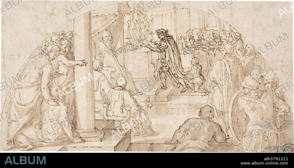 Cesare Nebbia / 'The Donation of Constantine / Three Studies for the Figure of a Youth'. 1588 - 1589. Wash, Pencil, Pencil ground, Grey-brown ink on yellow paper.