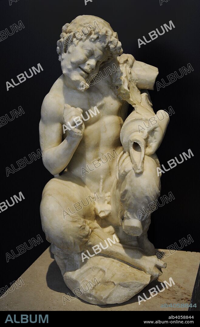 Statue of Pan, God of the shepherds and flocks. Hybrid creature, half man, half goat. This statue decorated a fountain of the peristyle. 1st century AD. Marble. From Italica (Santiponce, Seville province, Andalusia, Spain). National Archaeological Museum. Madrid. Spain.