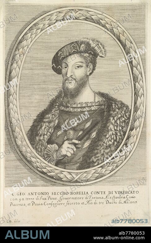 portrait of Giovanni Antonio Secco Borella, called Conte Borella, historical persons, Giovanni Antonio Secco Borella, Cesare Laurentio (mentioned on object), Italy, 1600 - 1699, paper, engraving, h 219 mm × w 145 mm.