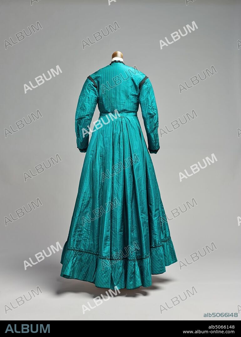 Dress worn in Bromsgrove,1860-70, 19th Century, Victorian, Green, Textiles, West Midlands, Fabric, Silk, Costume, Button, England, Worcestershire, Clothing, Dress, Costume, Dress.