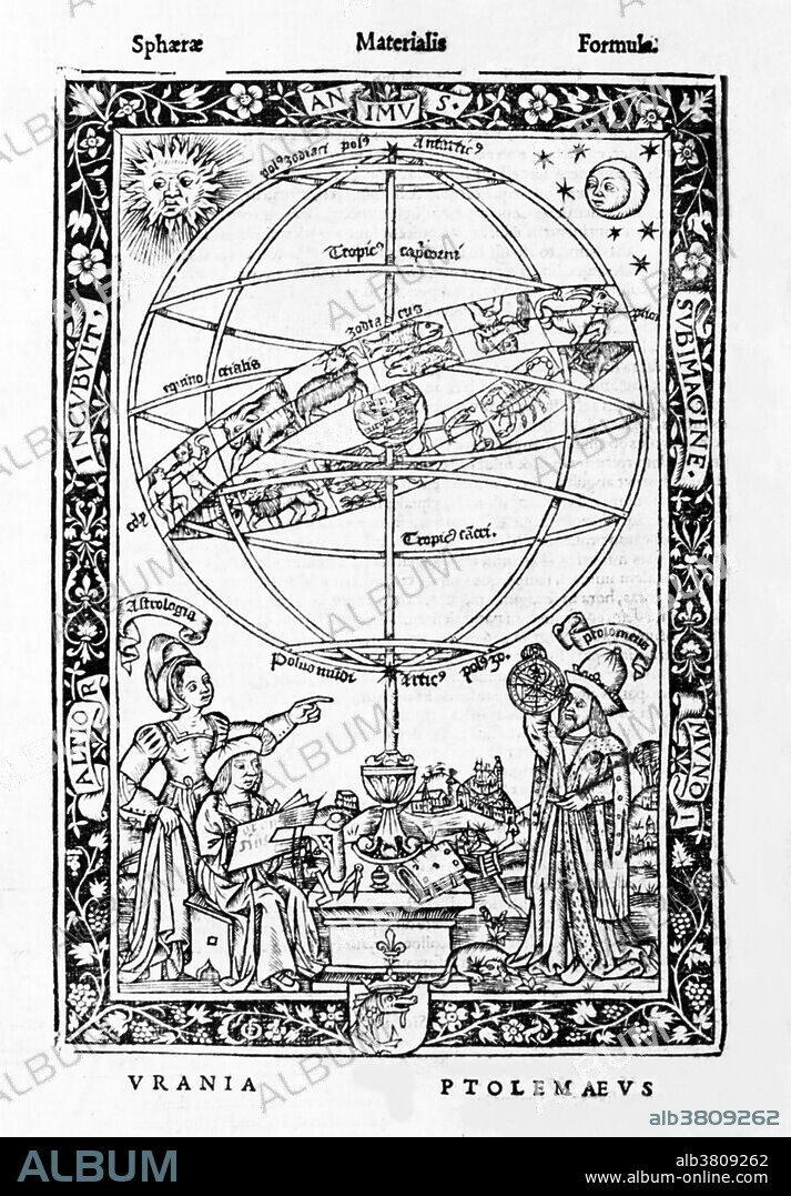 An armillary sphere (variations are known as spherical astrolabe, armilla, or armil) is a model of objects in the sky (in the celestial sphere), consisting of a spherical framework of rings, centered on Earth, that represent lines of celestial longitude and latitude and other astronomically important features such as the ecliptic. In astronomy, the geocentric model (also known as geocentrism, or the Ptolemaic system), is the superseded theory that the Earth is the center of the universe, and that all other objects orbit around it. Ptolemy was an Egyptian polymath, who made studies in astrology, astronomy, geography and mathematics. This woodcut is by Oronce Fine, mathematician and author of the Solaribus Horologiis, and was printed in Johannus de Sacrobosco's Textus de Sphaera in 1538.