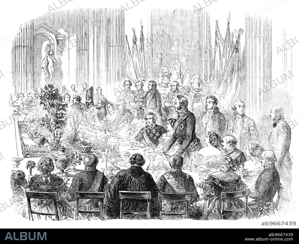 Banquet to Her Majesty's Ministers at the Mansion House, 1857. '...the Lord Mayor entertained [future British prime minister] Lord Palmerston in the Egyptian Hall...The company included his Excellency Ferouk Khan (the Persian Plenipotentiary) and suite...whose Oriental aspect and picturesque appointments made them objects of peculiar interest...Upon the right of the Lord Mayor are seated Viscountess Palmerston, the Turkish Ambassador, the Persian Ambassador, and Captain Lynch. Upon the left of the Lord Mayor are seated the Lady Mayoress, the French Ambassador, the Countess of Clarendon, Madame Musurus (lady of the Turkish Ambassador), the Swedish Consul, the Hon. Miss Wortley, the Earl of Harrowby, the Greek Ambassador and his lady, and the Bishop of London. Viscount Palmerston is addressing the company'. From "Illustrated London News", 1857.