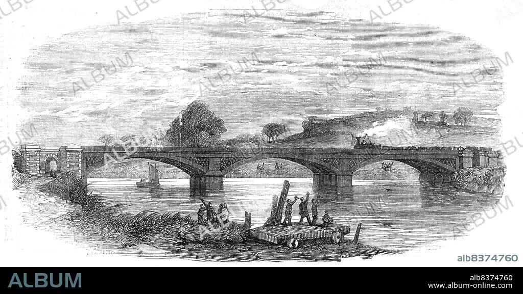 The Iron Railway Bridge, over the River Taw, near Barnstaple, 1854. North Devon Railway. 'The length of line at present completed is about thirty-five miles. It is single, on the broad gauge, with the electric telegraph throughout, and has been substantially executed by the eminent contractors, Messrs. Brassey and Ogilvie, under the superintendence of Mr. W. R. Neale, the Company's Engineer...The principal work...is a cast-iron bridge over the Taw, near Barnstaple...It consists of three cast-iron arches, 83 feet 6 inches span each, with a 10 feet rise. These arches rest on iron circulars, sunk into the bed of the river, and filled with solid masonry'. From "Illustrated London News", 1854.