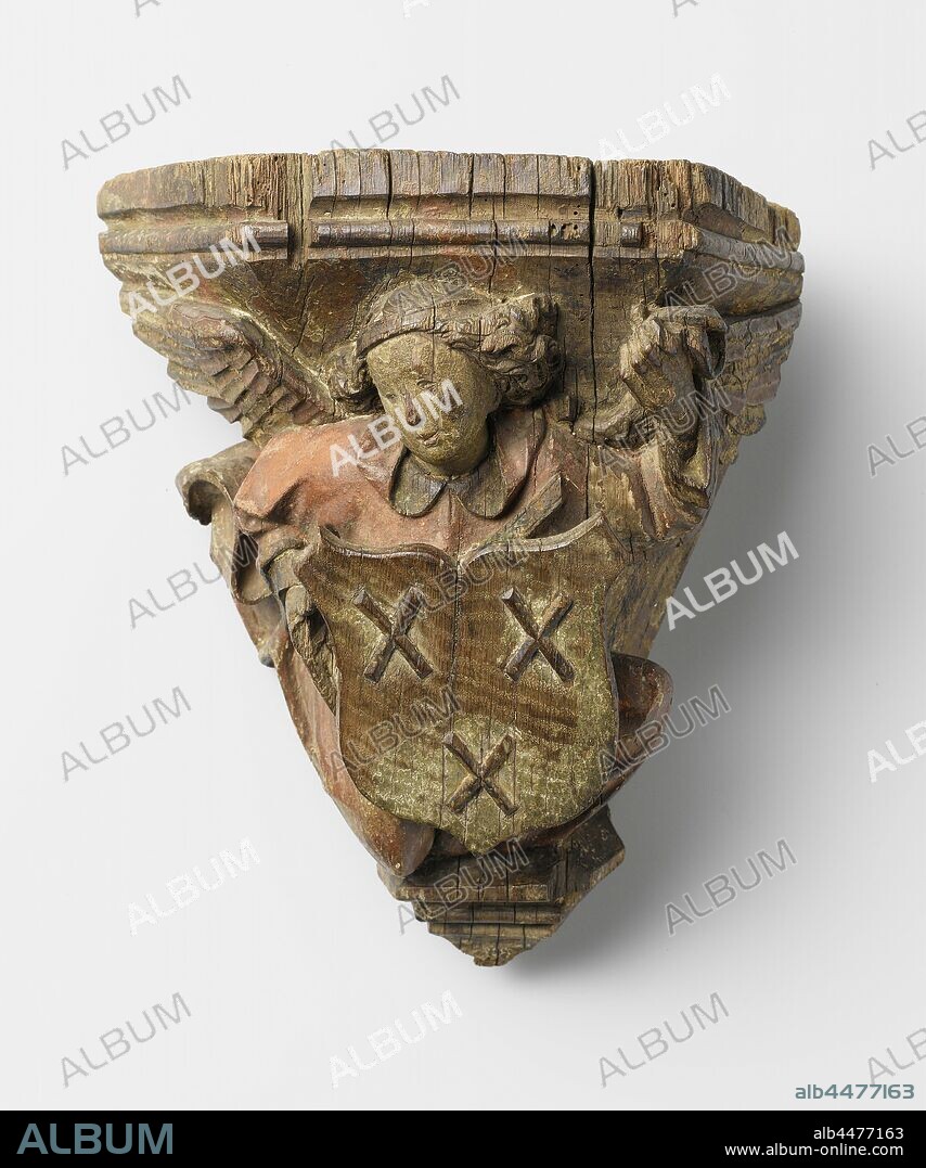 Angel with coat of arms of Breda, The angel floats, one knee raised, the other leg bent backwards. His hair is curled backwards and the cloak (like a deacon) waving as if he had just landed. He turned his head to the right. The right hand disappears behind the coat of arms. The left hand is raised and holds a piece of fabric, possibly a partially broken drapery. The wings follow the shape of the base, specific aspects of angels, e.g., intervening in human affairs, anonymous, Breda, c. 1500, oak (wood), gilding, h 31.2 cm × w 27.3 cm × d 19.2 cm.