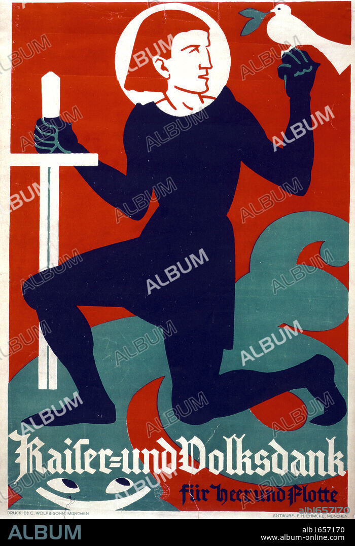 The Gratitude of the Kaiser and the People to the Army and Navy'. World War I German poster 1916. Figure reminiscent of a Teutonic knight kneels sword in hand, a dove of peace with olive sprig in beak, rests on knight's fist.