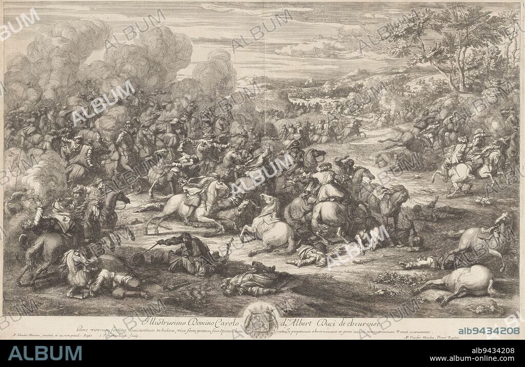 to A.F. v/d Meulen: Equestrian battle, print maker: Jan van Huchtenburg, Adam Frans van der Meulen, publisher: Adam Frans van der Meulen, 1657 - 1733, paper, etching, engraving.