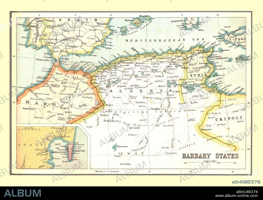 Map of the Barbary States, 1902. Showing Morocco, Algeria, Tunisia, and Libya on the North African coast, with inset of Gibraltar. From The Century Atlas of the World. [John Walker & Co, Ltd., London, 1902].