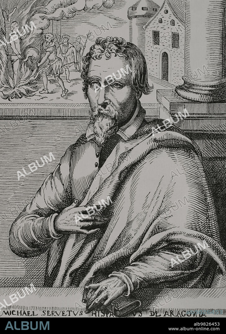 Miguel Servet (1511-1553). Médico y teólogo español. Perseguido por la Inquisición, huyó a Ginebra, donde a iniciativa de Calvino fue condenado a la hoguera por herejía. Retrato. Facsímil del siglo XIX de un grabado en "Historia Michaelis Serveti", 1727. "Vie Militaire et Religieuse au Moyen Age et à l'Epoque de la Renaissance". París, 1877.