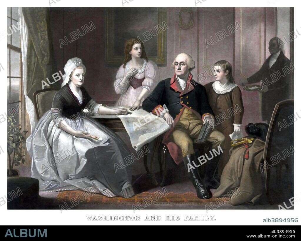 Vintage American history print of George and Martha Washington, George Washington Parke Custis, and Nelly Custis. The Washington family is seated at a table and a servant is entering the room.