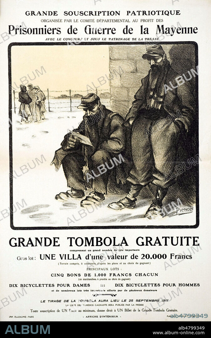 'Grande tombola gratuite pour les prisonniers de guerre de la Mayenne'. Affiche de la guerre 14-18. Illustration par Pichon. Credit : Collection IM/KHARBINE-TAPABOR.