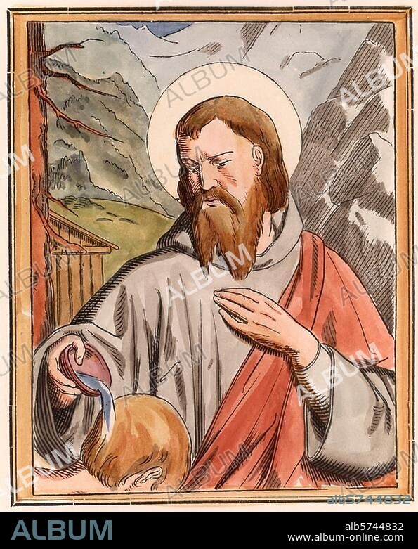 ANONYMOUS. Valentine (Valentinus) of Terni, Saint. (Patron saint of lovers; feast day: 14th February "Valentine's Day"), martyred273. "The holy priest and martyr Valentinus". Woodcut, later colouring. From: P.M.Vogel, Lebensbeschreibungen der Heiligen Gottes, Regensburg (G.J.Manz), no year.