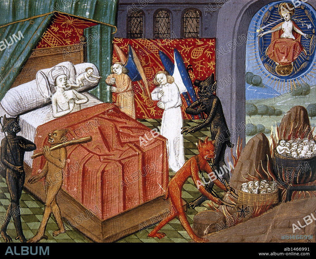 "UN HOMBRE MORIBUNDO: DE SU BOCA SALE SU ALMA, DOS ANGELES SE APRESURAN A LLEVARLA ANTE DIOS (derecha de la imagen). ALREDEDOR DE LA CAMA CUATRO DIABLOS SE OCUPAN DE LAS ALMAS CONDENADAS". Miniatura del s. XV. "Le Tresor de Sapience". Castillo de Chantilly. Francia.