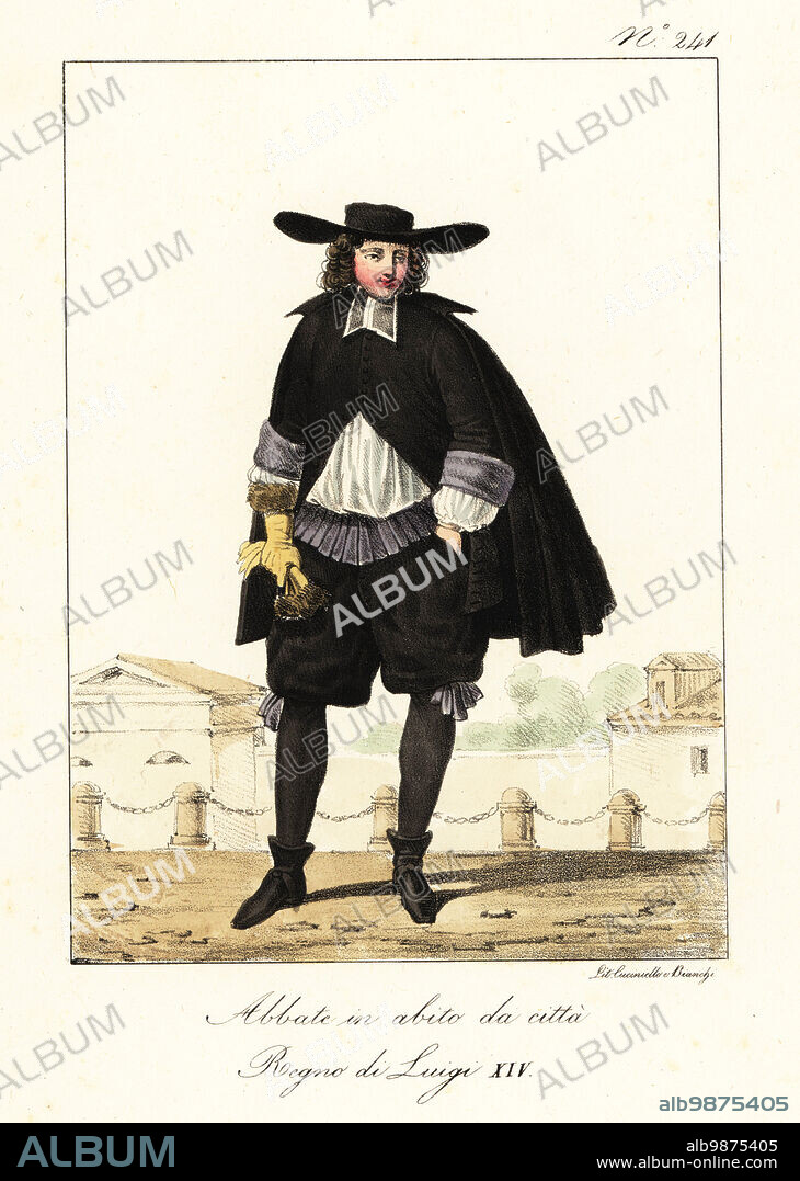 Costume of a French abbot, 17th century. In wide-brim hat, black coat and breeches, white shirt, garters, hose, bootlets, gloves. Abbe en habit de ville. Regne de Louis XIV. Handcoloured lithograph by Lorenzo Bianchi and Domenico Cuciniello after Hippolyte Lecomte from Costumi civili e militari della monarchia francese dal 1200 al 1820, Naples, 1825. Italian edition of Lecomtes Civilian and military costumes of the French monarchy from 1200 to 1820.