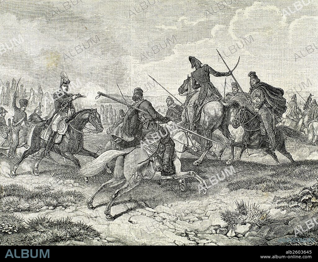 HISTORIA DEL IMPERIO NAPOLEONICO (SIGLO XVIII). GUERRAS NAPOLEONICAS. "COMBATE ENTRE TROPAS FRANCESAS Y COSACOS EN EL FRENTE RUSO". Grabado del siglo XIX.