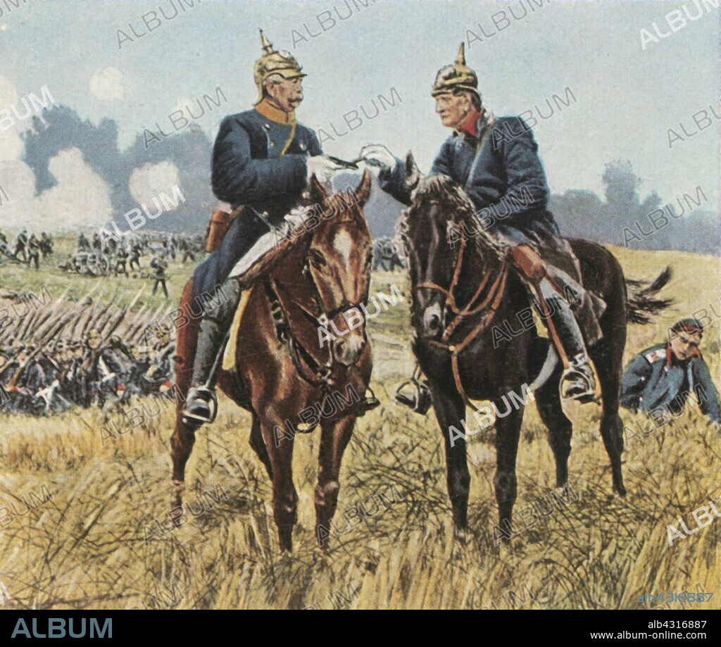 Bismarck and Moltke at Königgratz, 3 July 1866, (1936). 'Bismarck Und Moltke Bei Königgrätz, 3 Juli 1866'. Prussian officers Otto von Bismarck (1815-189) and Helmuth von Moltke (1800-1891) on the battlefield. The Battle of Königgrätz took place near Königgrätz in Bohemia (modern-day Hradec Králové in the Czech Republic). It was the decisive battle of the Austro-Prussian War in which the Kingdom of Prussia defeated the Austrian Empire. From "Bilder Deutscher Geschichte", (Pictures of German History), No.12, cigarette card album. [Cigaretten-Bilderdienst, Altona-Bahrenfeld, Hamburg, Germany, 1936].