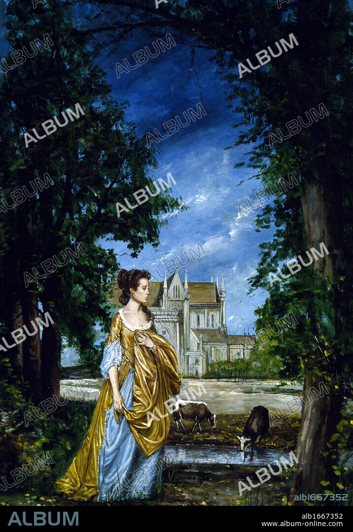 Young woman outside mansion, oil painting.