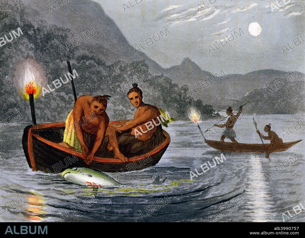 Native Americans fishing by torchlight in North America, 1813.