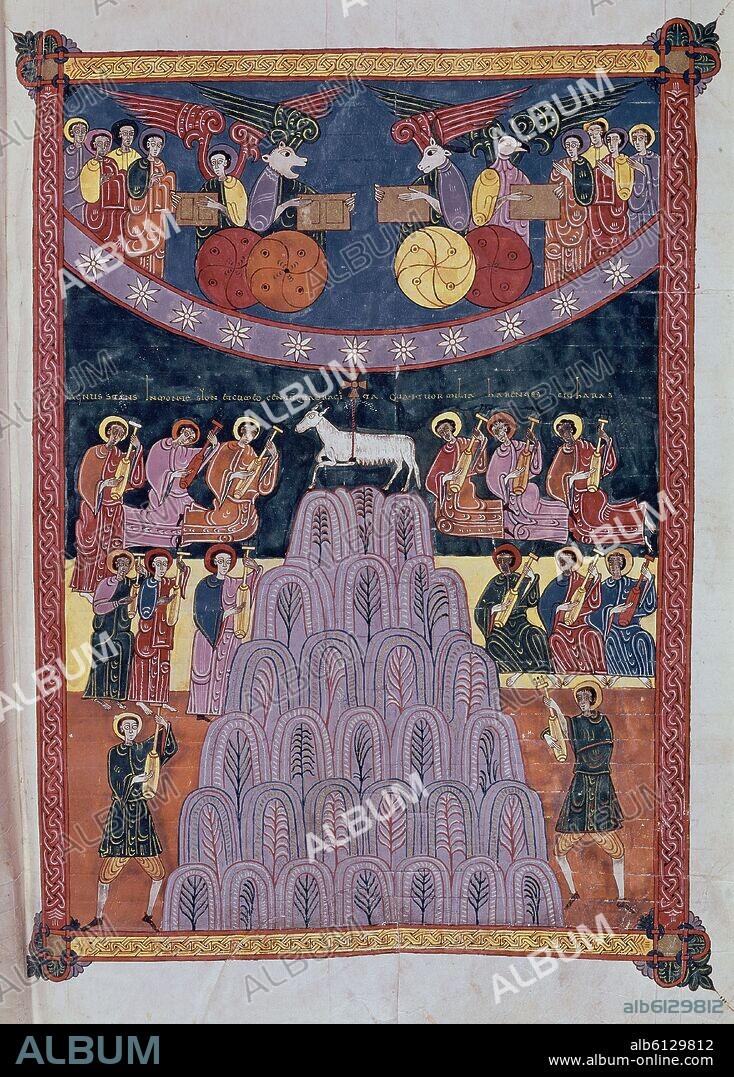 BEATO DE LIÉBANA. COMENTARIOS AL APOCALIPSIS AÑO 1047 - SIGLO XI - F-205 R- VIT. 14-2, VISION DEL CORDERO SOBRE EL MONTE SION, PROCEDE DE SAN ISIDORO DE LEON.