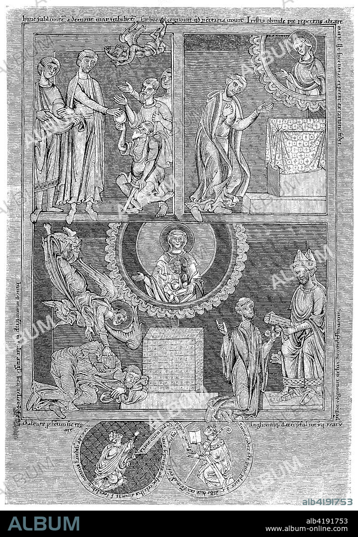 Presentation from the story of the magician Theophilius, the Faust legend of the Middle Ages, painting in a manuscript by the monk Konrad Matutinalbuch, executed in the middle of the 13th century in Kloster Scheiern, Germany, digital improved reproduction of a woodcut publication in the year 1885.