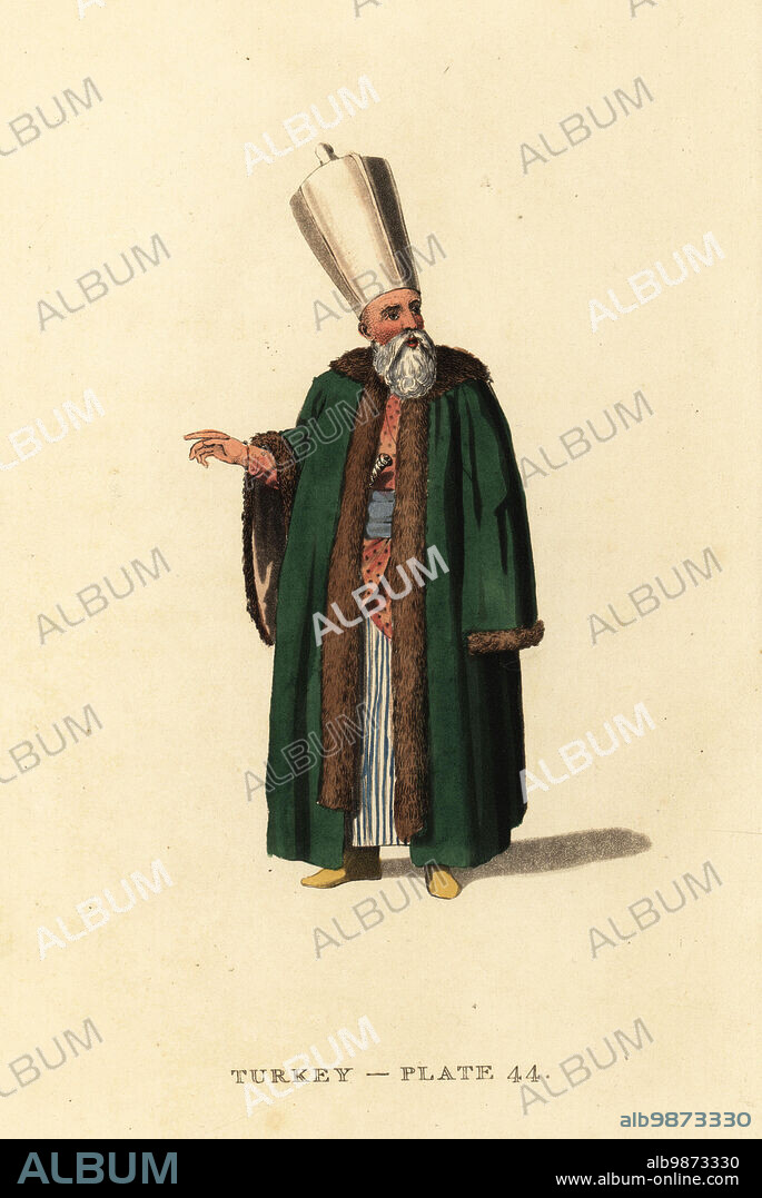Member of the Divan, council of the Grand Vizier, Ottoman Empire. The council under Sultan Selim III had 12 officers. He wears a tall headdress, pelisse coat trimmed with fur, yellow boots. Handcoloured copperplate engraving after Octavian Dalvimart from William Alexanders translation of Picturesque Representations of the Dress and Manners of the Turks, Thomas MLean, London, 1814.