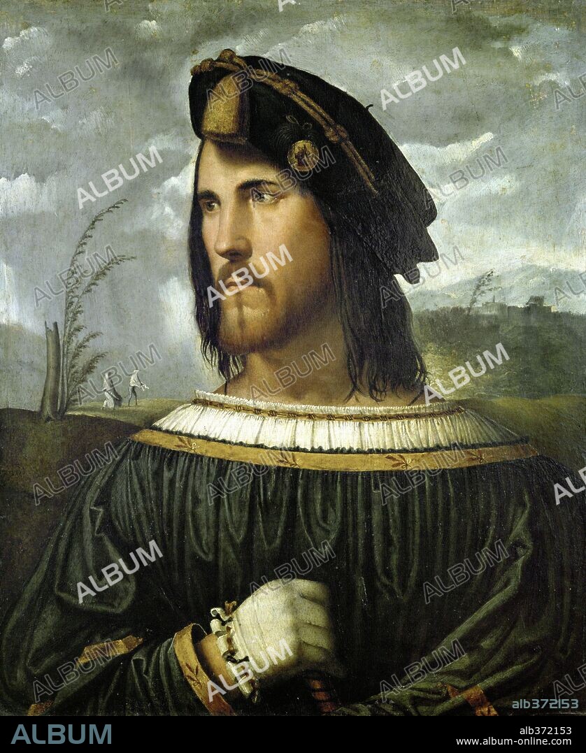 ALTOBELLO MELONE. Nobleman. Perhaps Cesare Borgia (1475-1507),  Oil on wood, 1520,  56 x7 cm.