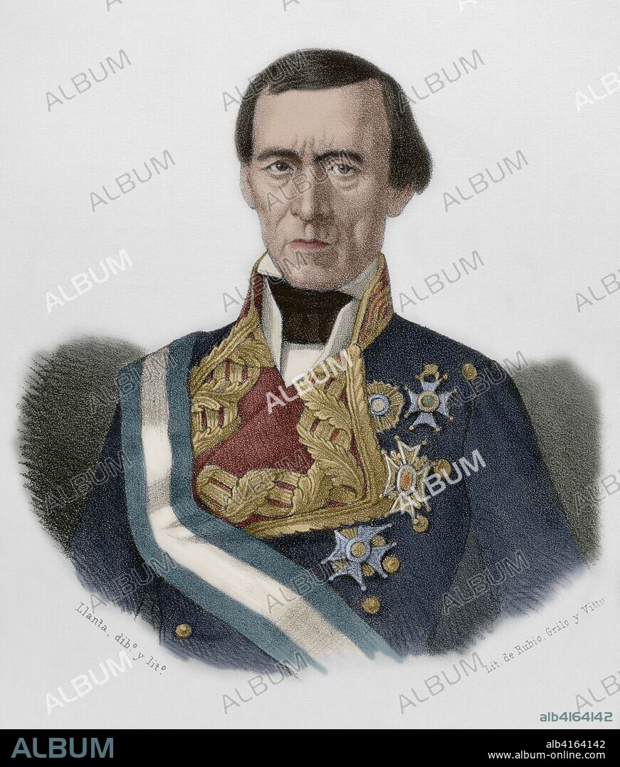 José Manso y Solá (Borredà, 1785-Madrid, 1863). Militar español del ejército de Fernando VII e Isabel II. Dibujo por Llanta. Litografía. Coloreada. Crónica General de España, Historia Ilustrada y Descriptiva de sus Provincias. Cataluña, 1866.