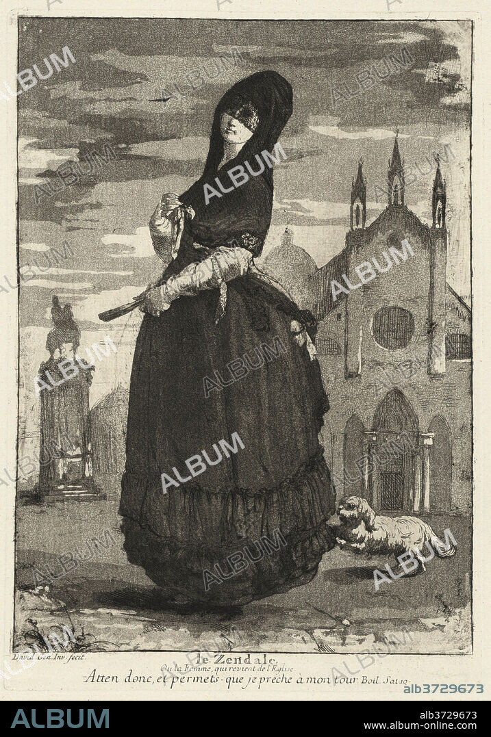 GIOVANNI DAVID. Le Zendale (Woman in a Hood, or the Woman Returning from Church). Dated: 1775. Dimensions: plate: 23.9 × 16.6 cm (9 7/16 × 6 9/16 in.)  sheet: 38.6 × 27.2 cm (15 3/16 × 10 11/16 in.) (irregular). Medium: etching with aquatint, printed in dark brown on laid paper.