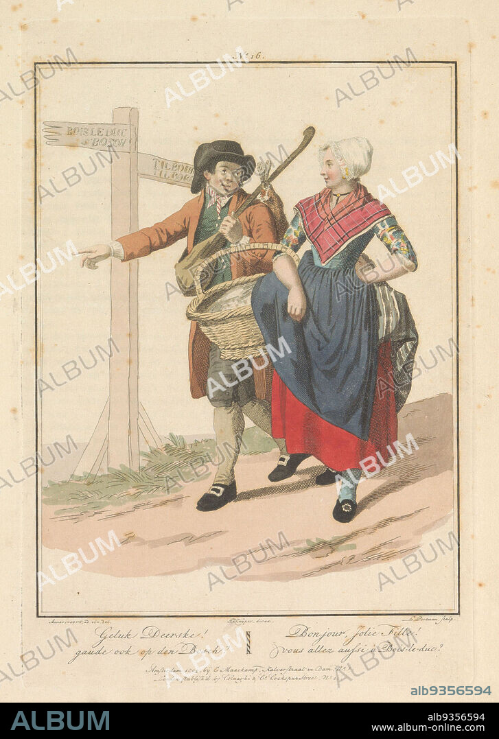 Farmer and farmer's wife from North Brabant, Geluk Deerske! gaude ook op den Bosch?, Bon jour, Jolie Fille! vous allez aussi à Bois-le-duc? (title on object), A farmer and farmer's wife from the village of Cromhout on their way to Den Bosch. The girl carries a large basket on her arm, the boy a stick with hare and knapsack. Fourth installment of four plates, published in 1805. Part of a bound edition of the series of twenty plates of Dutch costumes in the Batavian Republic at the beginning of the nineteenth century by Maaskamp, ca. 1807., print maker: Ludwig Gottlieb Portman (mentioned on object), intermediary draughtsman: Quirinus van Amelsfoort (mentioned on object), print maker: Netherlands, intermediary draughtsman: Noord-Brabant, publisher: Amsterdam, publisher: London, 1805, paper, etching, height 237 mm × width 160 mm.