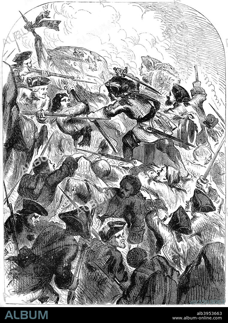 The Battle of Schellenberg, Austria, 1704 (19th century). The Battle of Schellenberg, fought on the 2nd July 1704, was part of the War of the Spanish Succession and was an attempt by the Grand Alliance to prevent the Franco-Bavarian army from threatening Vienna, the capital of Habsburg Austria. Print taken from Cassell's Illustrated History of England, volume IV, published by Cassell, Petter, Galpin and Co. (London, Paris and New York, 19th century).