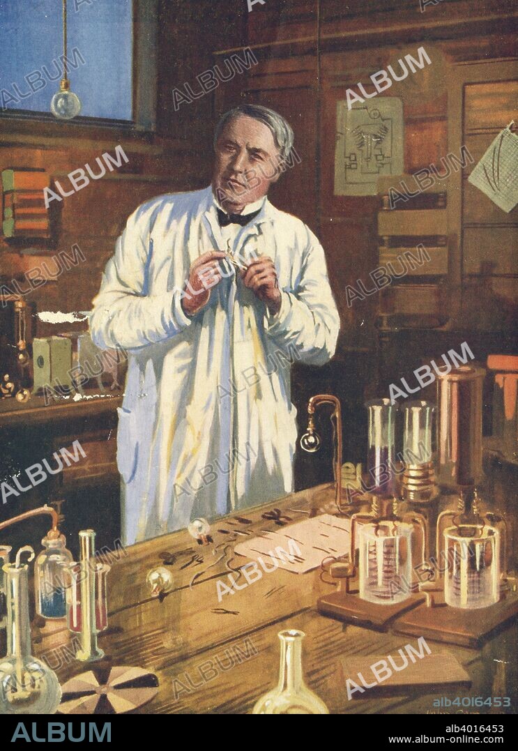 Thomas Alva Edison, American inventor, in his laboratory at Menlo Park, New Jersey, USA, working on the perfection of the incandescent light bulb, 1870s (1920s). Edison (1847-1931) was a prolific inventor who registered over 1000 patents, many of which were related to the development of electricity. His inventions, in collaboration with his staff, include the automatic telegraph, the electric lamp, the phonograph (gramophone) and the kinetoscope, an early form of cinematography. After a painting.