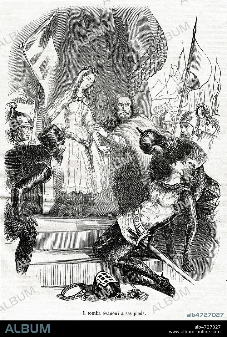 Ivanhoe tomba evanoui aux pieds de Lady Rowena. Illustration de 1850 par Edouard FRERE (1797-1874) pour Ivanhoe de Walter SCOTT (1771-1832). Credit : Collection Grob/KHARBINE-TAPABOR.