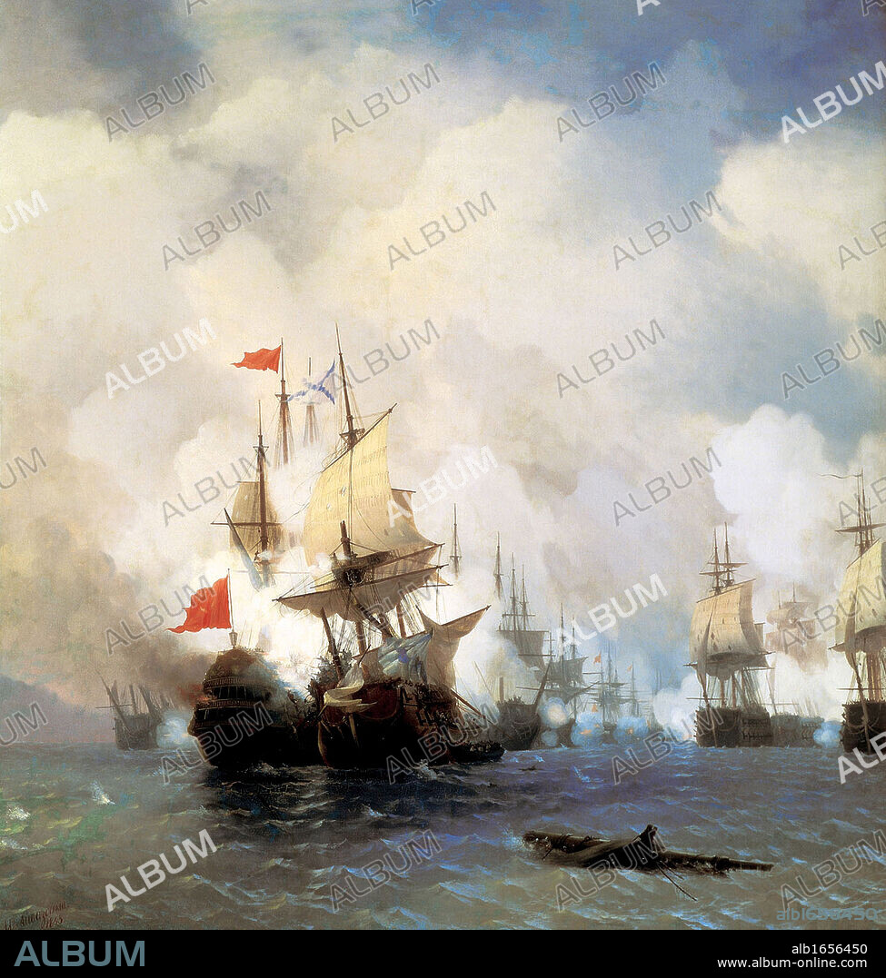 Battle in the Chios Channel, naval battle, summer 1770. Engagement of Turkish flagship 'Real Mustafa' and Russian ship 'Svyatoy Evstafiy'. Russian victory gaining control of Black Sea. Ivan Aivazovsky (1817-1900) Russian painter, 1848.