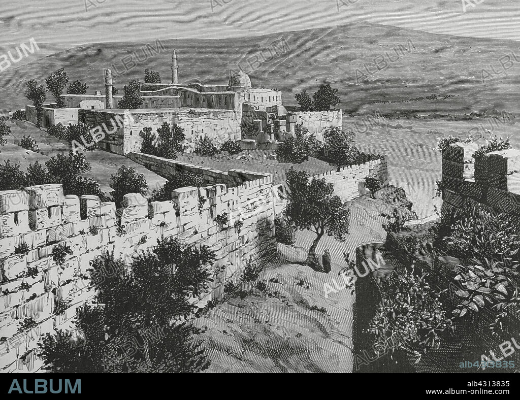 BERNARDO RICO (1825-1894). SPANISH PAINTER AND ENGRAVER.. Jerusalem, Israel. Walls of the Temple of the Presentation. Engraving by Bernardo Rico (1825-1894). La Ilustración Española y Americana (The Spanish and American Illustration). Supplement to issue XIII, April 1884.