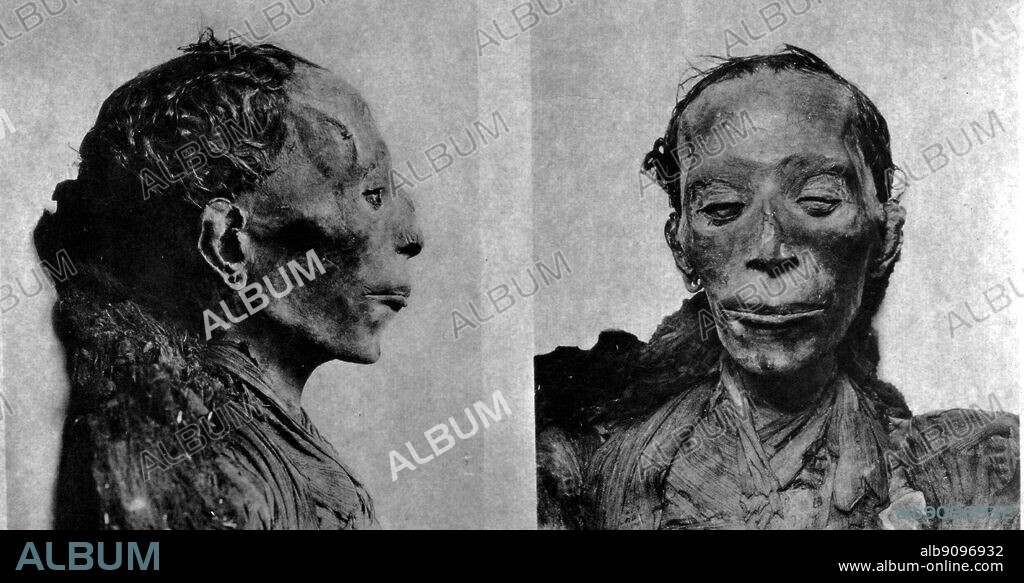 The mummy of Thuya, Tiye's mother. Tiye was not a princess of her blood: her father Yuya and her mother Thuya were high ecclesiastical dignitaries in Amun's service, and also held provincial administrative appointments, probably in their own native districts. From Tutankhamen by Christiane Desroches Noblecourt, page 116.